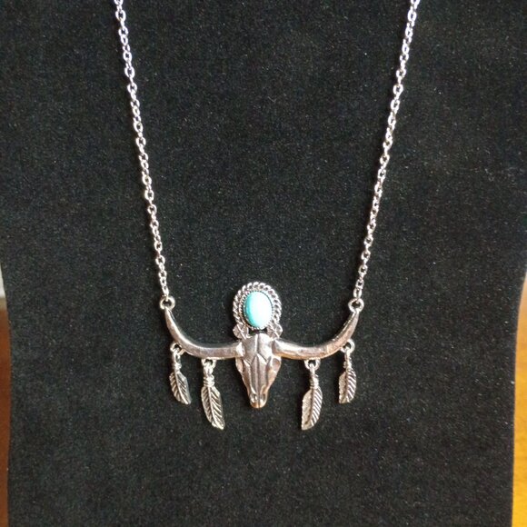 Jewelry - Western Turquoise Steer Skull Necklace Feather Cowgirl Southwestern Pendant